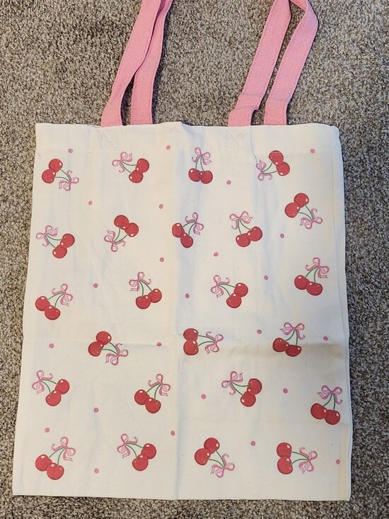 Handbags - Cherry and Bows Canvas Tote, Pink Handles 13" x 15"